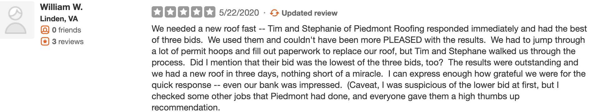Yelp Review Piedmont Roofing